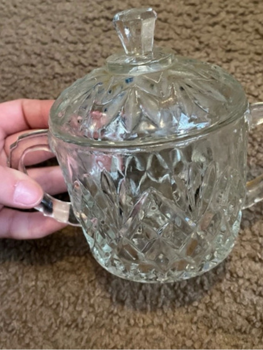 Vintage Glass Covered Sugar Bowl with Handle